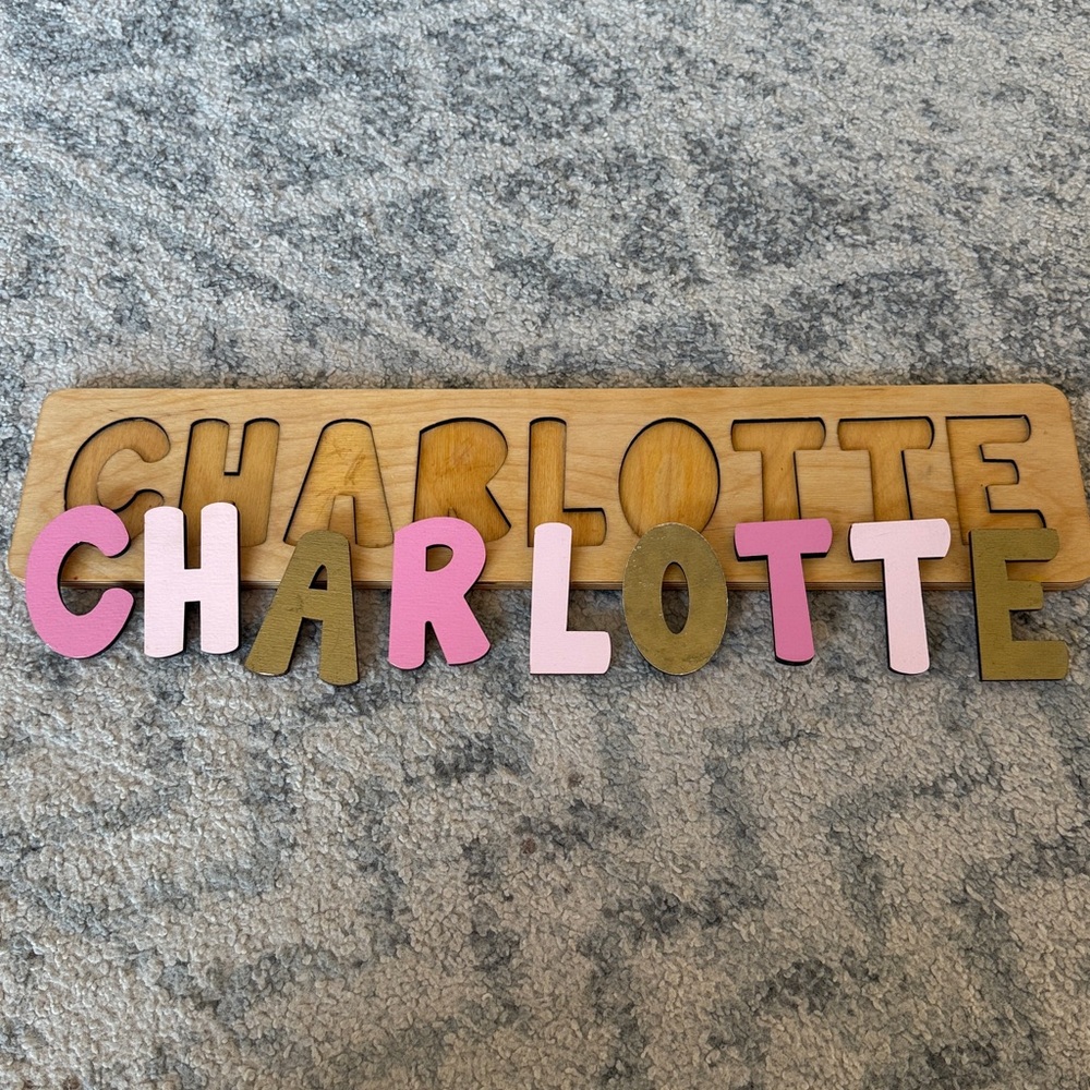 Wooden Name Puzzle with Pink and Gold Letters Charlotte - Picture 2 of 3